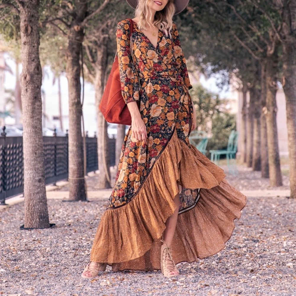 Orange Ruffle hem floral boho gypsy maxi Dress - Picture 6 of 11